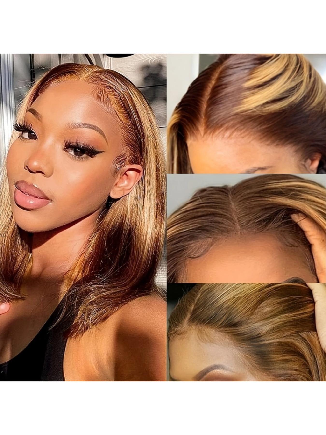 180% Density 13x4 Highlight Ombre Full Lace Frontal Bob Wig Human Hair 12A Brazilian Virgin Human Hair Pre Plucked 4/27 Honey Blonde HD Transparent Lace Glueless Wigs Human Hair