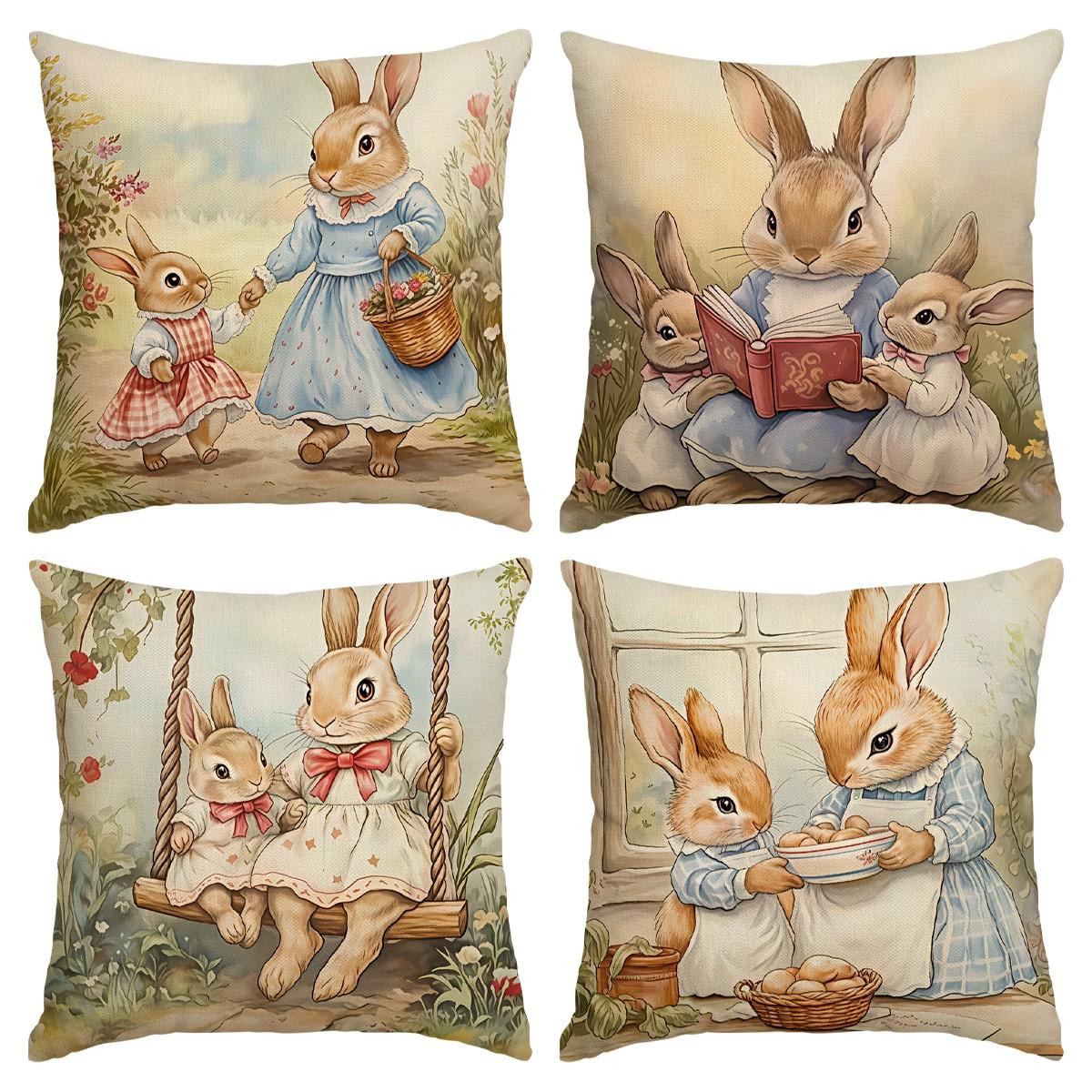 4pcs Easter Cute Rabbit Pillow Cover, Retro Style Cartoon Rabbit Easter Spring/Summer Season Decorative Cushion Cover, 18x18 inch Pillowcase, Farmhouse Holiday Decorative Pillow Cover, Suitable for Living Room, Sofa, Office, Outdoor (No Pillow Core)