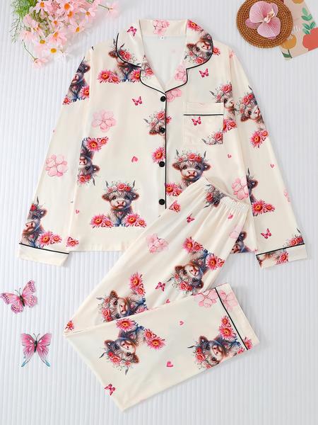 Women's Cartoon Highland Cow & Floral Print Casual Comfy Pajama Set, Lapel Long Sleeve Button-Up Top & Elastic Pants, All-Season Sleepwear