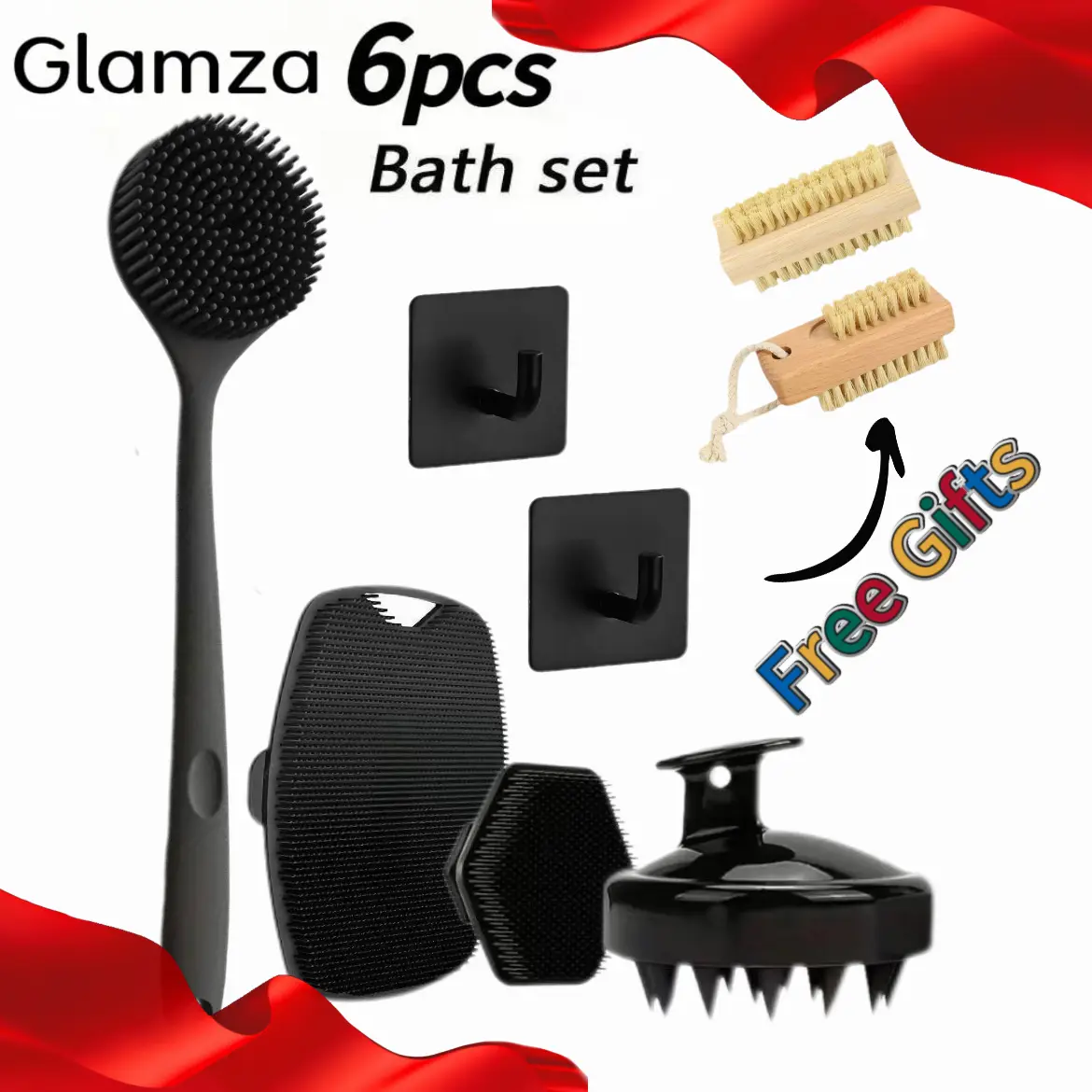 Glamza Exfoliating Body Brush Set Long Handle, 8 Pack Soft Silicone Bristles for Back & Body Massage, Deep Skin Cleansing & Dead Skin Removal, Non-Slip Grip Shower Scrubber