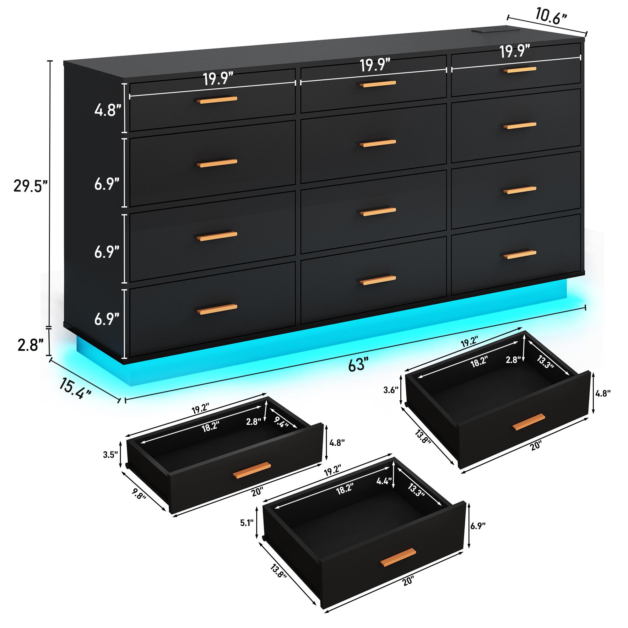 12 Drawers Dresser w/Power Outlet,60000-Colors Lights,63In Long Dresser Chest for Bedroom,Wooden Tall Large Capacity Clothing Storage Cabinet for Living Room,Entryway,Hallway (Black /White )
