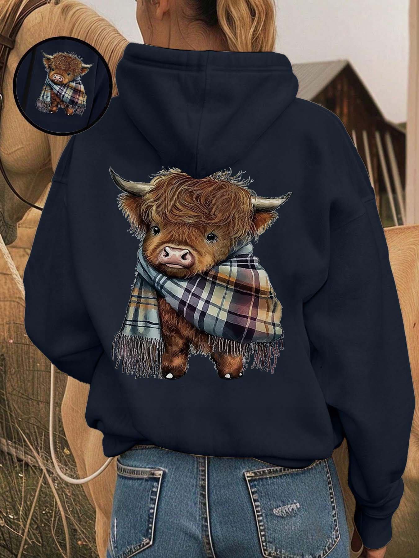 Cozy Fleece-Lined Printed Hooded Fitted Long Sleeves Sweatshirt, Funny Sweatshirt, Cute Highland Cow Animal Design, Unisex Casual Winter Fashion Womenswear with Soft Warm Plush Interior for Cold Weather Aesthetics, Casual Fitted Hoodie