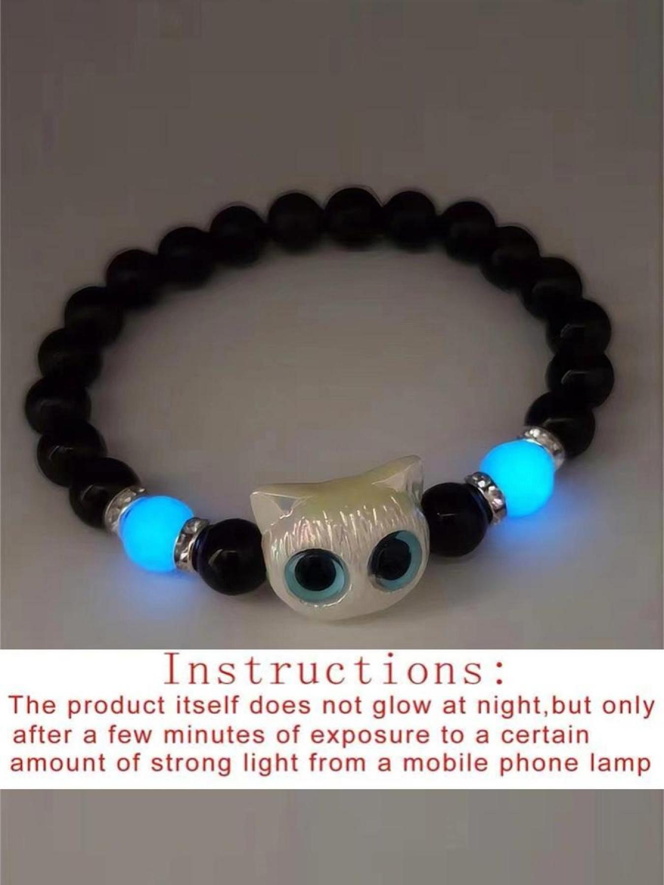 Cute Cat Charm Glow in the Dark Beaded Bracelets, Trendy Animal Pattern Jewelry, Casual All-Season Accessory for Women & Men