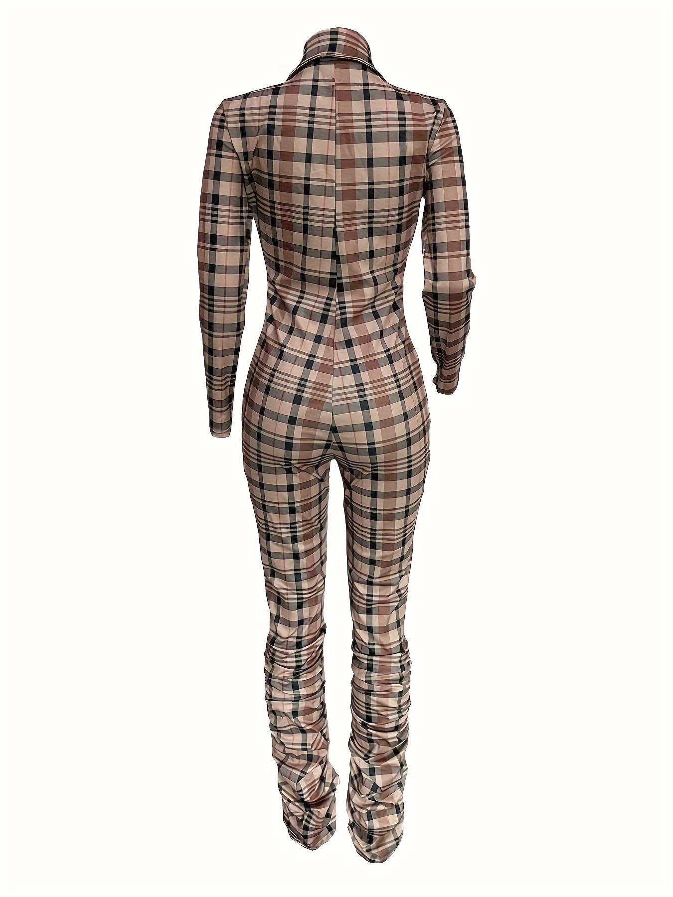 Women's Sexy Plaid Bodycon Jumpsuit with Zipper Front & Ruched Design, Tight-Fitting Long Sleeve Jumpsuit for Fall & Winter