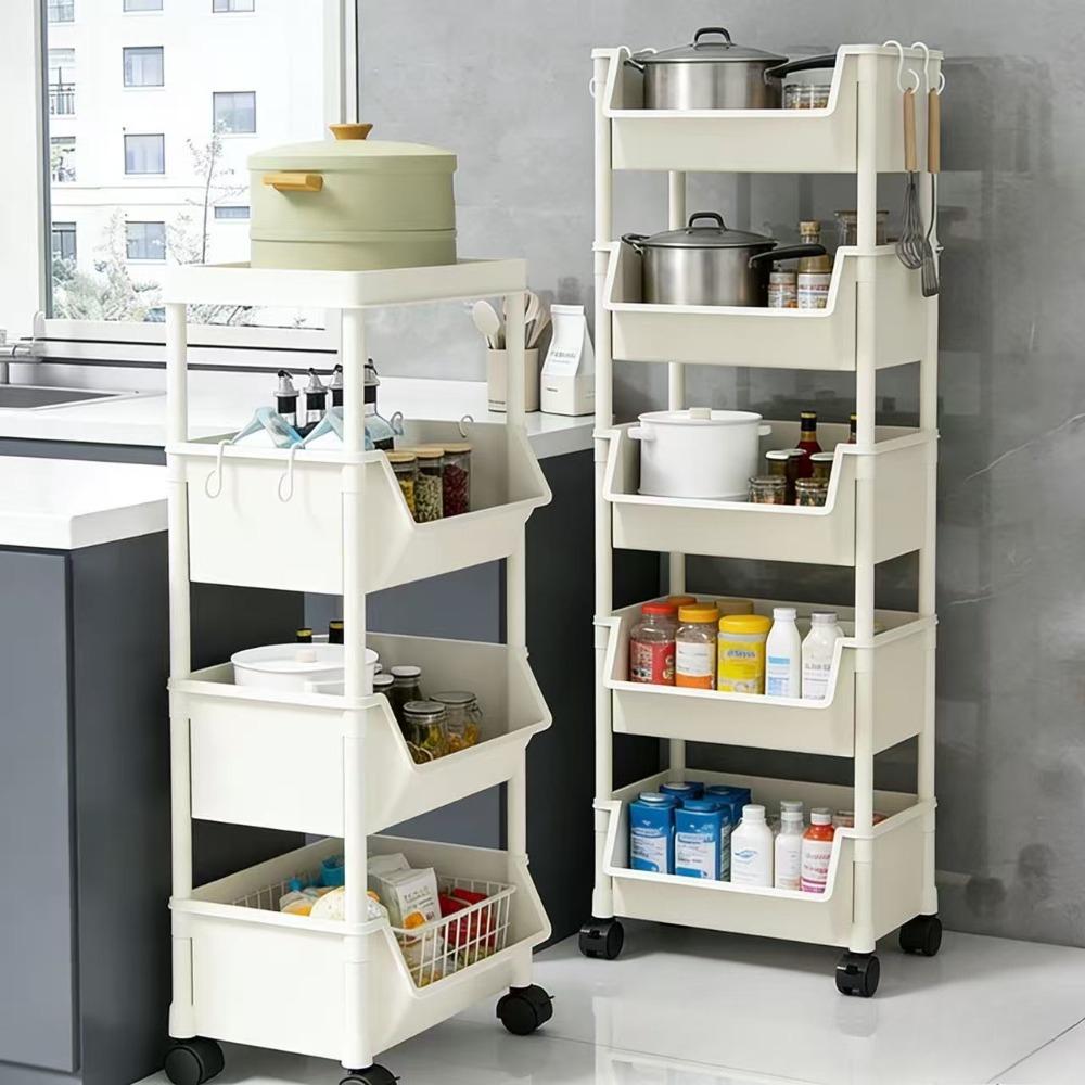 Large Five-Tier Multi-Functional Plastic Storage Cart with Wheels, Durable Sturdy Rack, Layered Organizer for Bedroom Kitchen Bathroom Living Room, Portable and Mobile