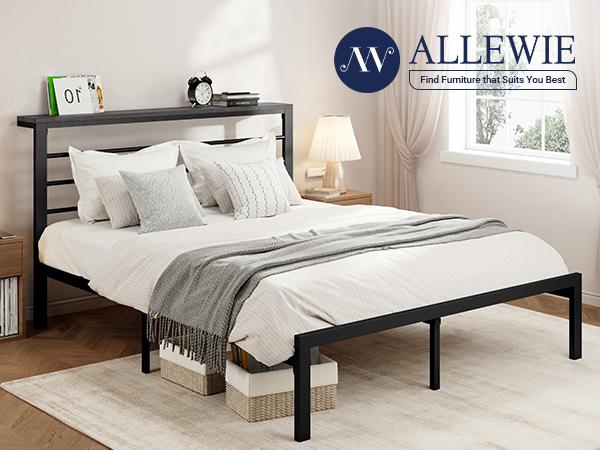 Allewie Modern Twin/Full/Queen/King Bed Frame with 4.7" Headboard Shelf,【Frame Only No Mattress】 Heavy-Duty Platform Bed Frame, No Box Spring Needed, Brown Shelf/Black Shelf,#TikTokShopBlackFriday #Christmas Gifts