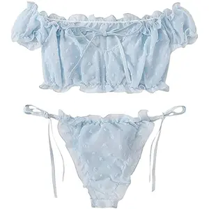 2PCS Off Shoulder Lace Up Bikini Set Women Sweet Casual Short Sleeve Swimsuits Beachwear Bathing Suits Sexy Lingerie