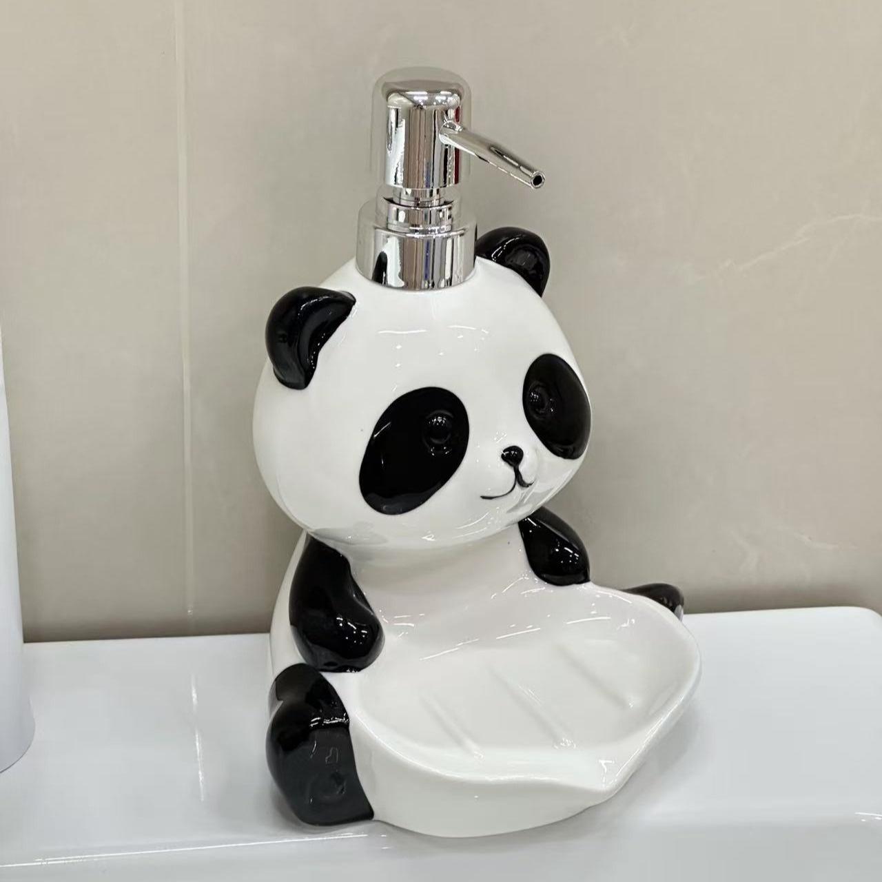Cute Panda Animal Shape Dual-Use Multi-Purpose Ceramic Dispenser Bottle with Plastic Accents - Holds Lotion, Soap, Hand Wash, Shower Gel, Kitchen Detergent - Bathroom Decor for Kitchen Use