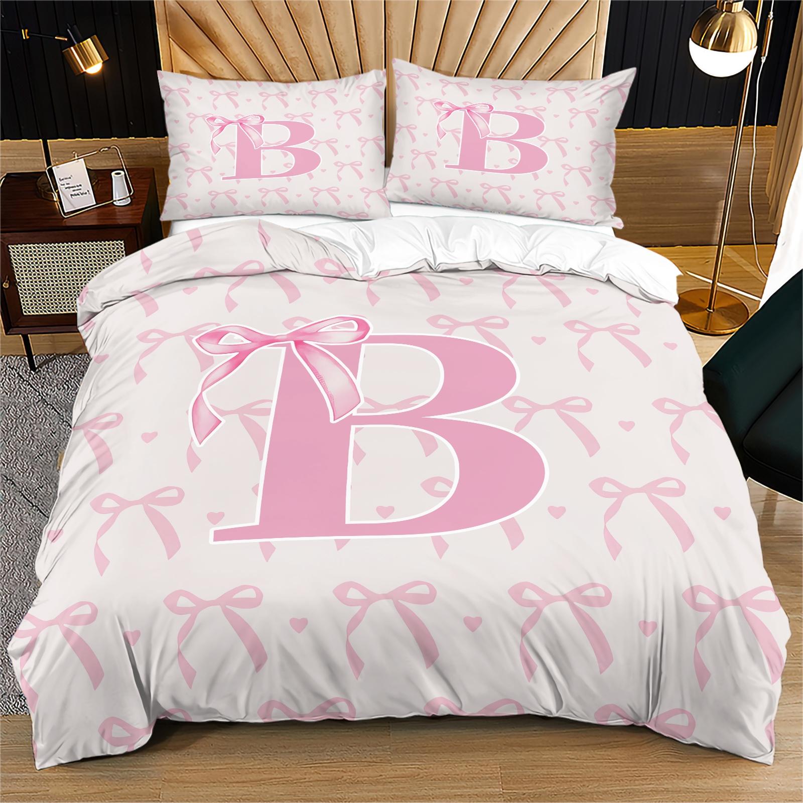 2/3 PCS Pink Romantic Ballet Bow Full Alphabet Initial Duvet Cover Set, Coquette Aesthetic Bedding with Zipper Closure for Easy Removal, Ideal Housewarming Birthday Christmas Gift, No Filling