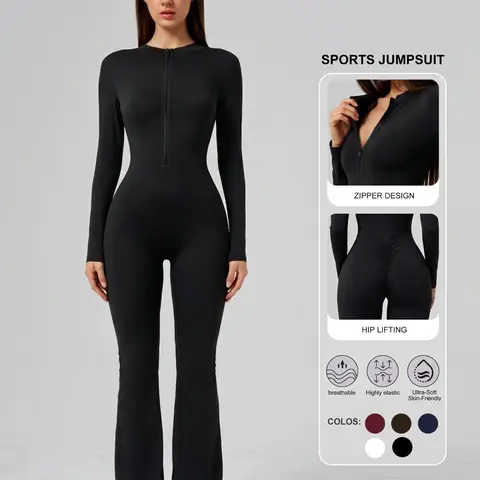 Women's Slim-Fit Yoga Activewear Jumpsuit, Long Sleeve V-Neck Thumbhole Design, Perfect for Spring Autumn, Outdoor Gym Workout, Yoga Workout Jumpsuits
