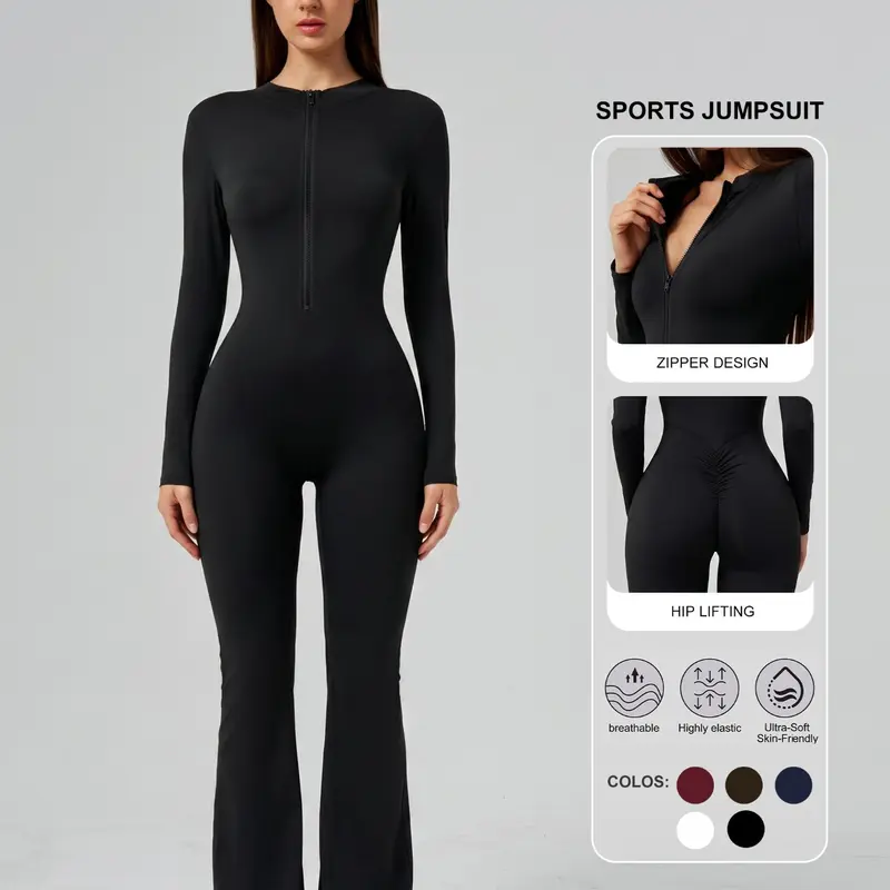Women's Slim-Fit Yoga Activewear Jumpsuit, Long Sleeve V-Neck Thumbhole Design, Perfect for Spring Autumn, Outdoor Gym Workout, Yoga Workout Jumpsuits