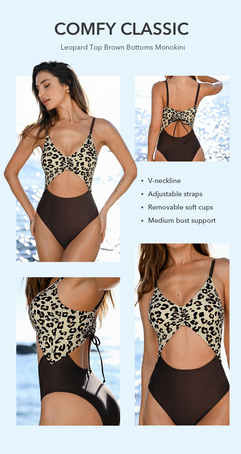 CUPSHE Leopard Top Brown Bottoms,V Neckline,Cutout One-Piece Monokini Stylish Beachwear Drawstring Back High Waisted Swimwear Summer Swimsuit Beach Bathing Suit