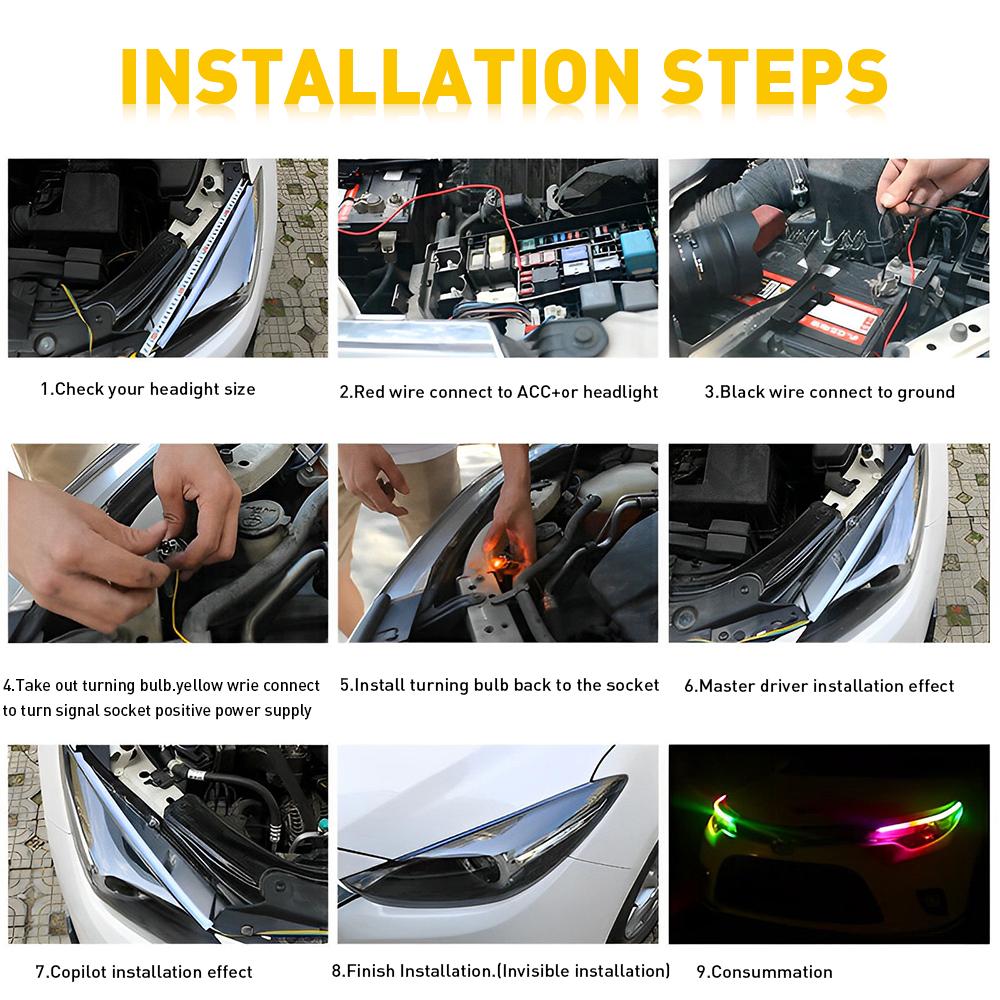 2pcs RGB 60CM LED DRL Light Car Headlight Strip Light Turn Signal Remote Control