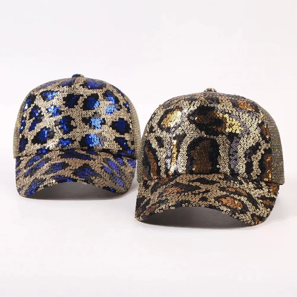Fashionable trend leopard print sequin patchwork breathable mesh baseball cap-suitable for outdoor activities and sun protection