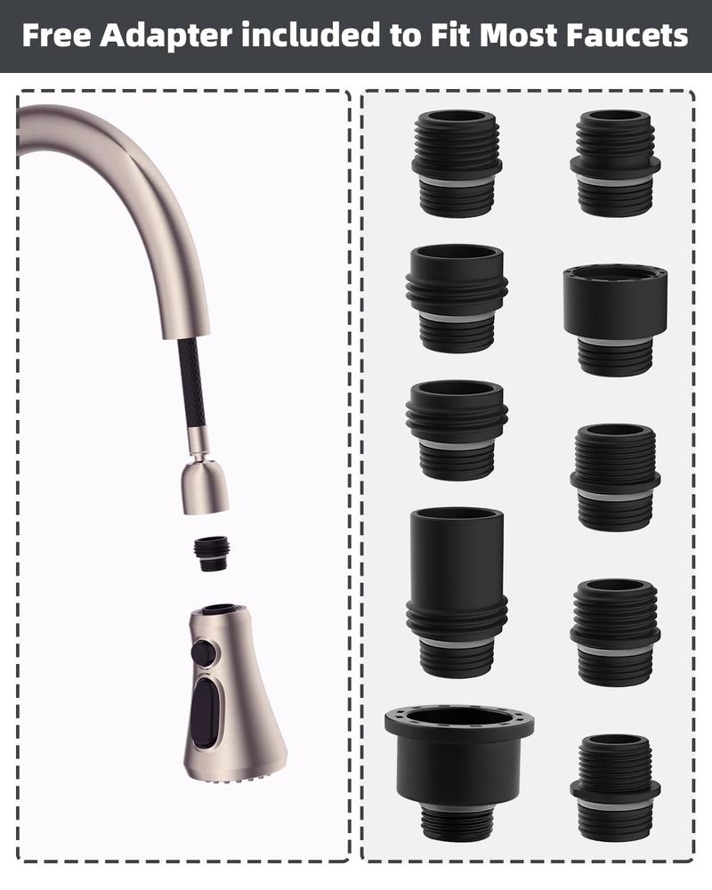 Hibbent Pull Down Spray Head for Kitchen Faucet, 3-Function Sink Spray Nozzle with 15 Adapters, Faucet Head Replacement Compatible with Moen, American Standard, Delta, Kohler Faucets, Brushed Nickel