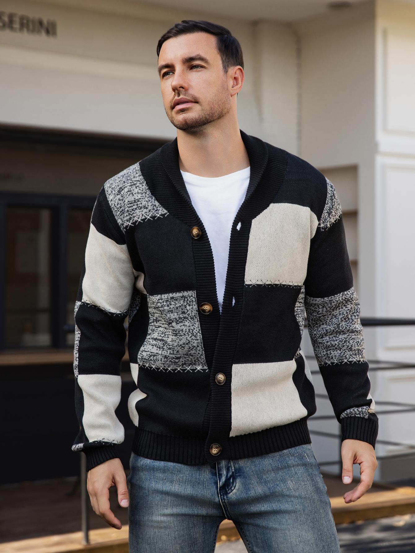 HYPESTFIT Men's Casual Color-Block Cardigan Sweater - Black, White, Gray Plaid Button-Up Cardigan with Lapel Collar, Long Sleeve, Regular Fit for Fall/Winter, Casual Attire & Weekend Outings, Cardigan Sweater, Winter Layering, Classic Knitwear