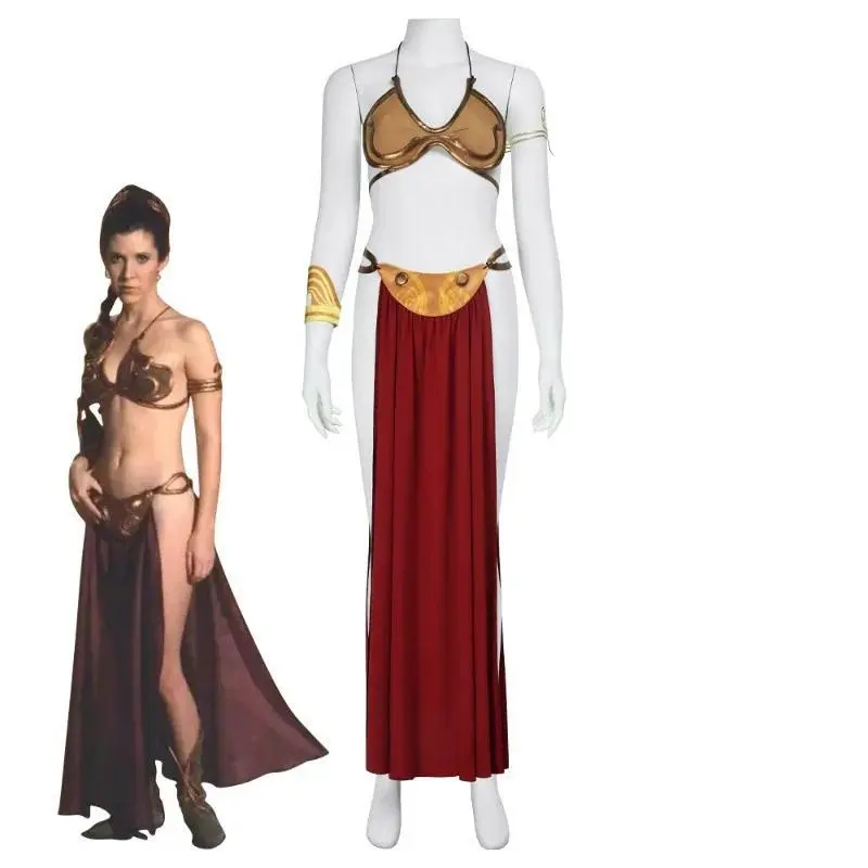 Princess Leia Cosplay Sexy Slave Dress Costume Movie Gold Color Fantasy Bikini Suit for Women Halloween Party Roleplay Outfit