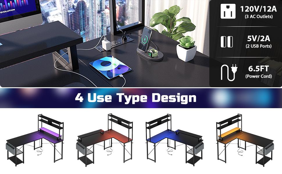 Reversible L Shaped Gaming Desk with LED Lights & Power Outlets，Computer Desk with Monitor Stand & Storage Shelf，Corner Desks Home Office Desk with Storage Bag
