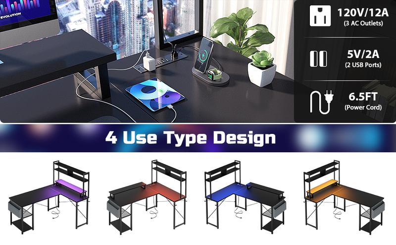 Reversible L Shaped Gaming Desk with LED Lights & Power Outlets，Computer Desk with Monitor Stand & Storage Shelf，Corner Desks Home Office Desk with Storage Bag