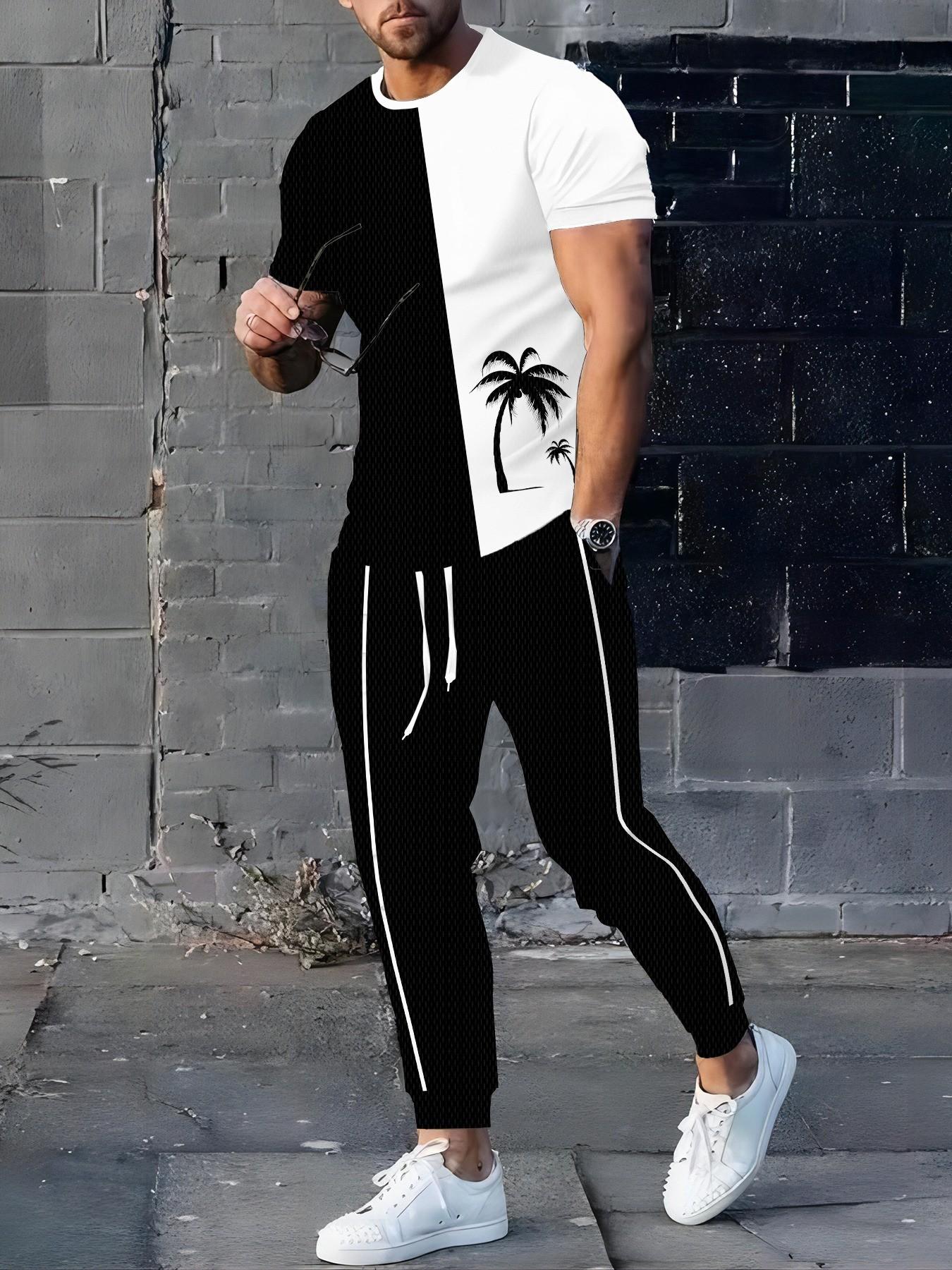 Men's Summer Palm Tree Print 2-Piece Set, Short Sleeve Tee + Mint Drawstring Joggers, Lightweight Casual