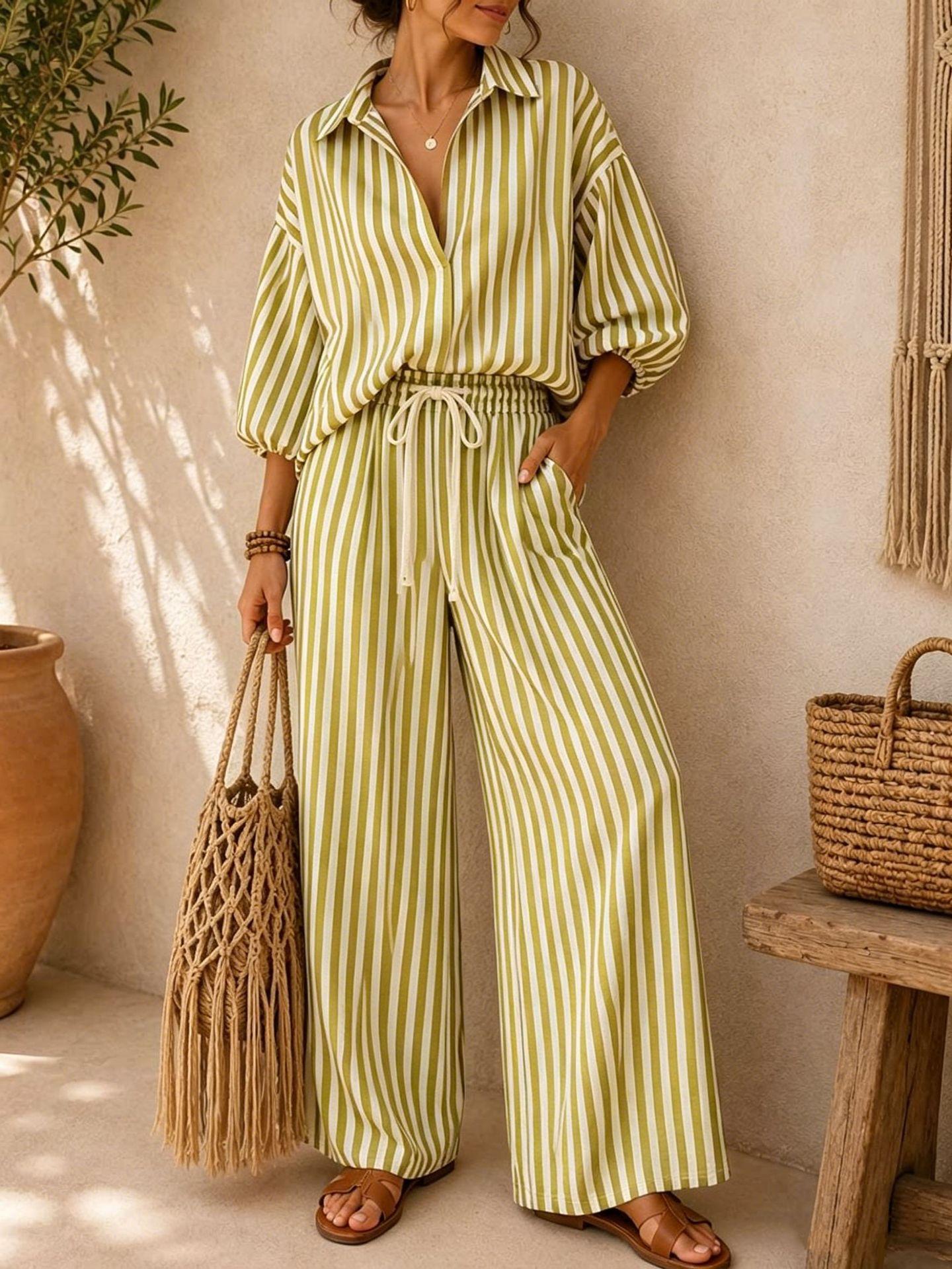 Women's Striped Pattern 2-Piece Set, Collared Neck Long-Sleeve Shirt + Loose-Fit Pants
