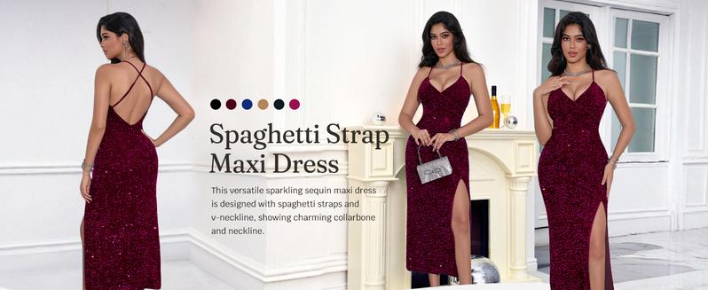Wenrine Women's Sparkly Sequin Dress Spaghetti Strap V Neck Sexy High Slit Formal Club Party Evening Maxi Dresses