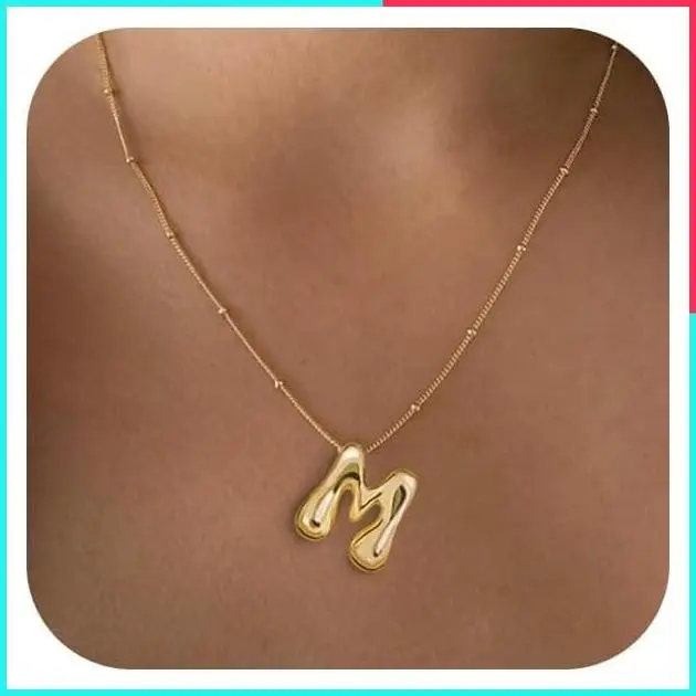 Custom Initial Bubble Letter Necklace for Women - A-Z Gold Silver Monogram Name Pendant with Balloon Charm, Dainty Beaded Chain, Trendy Non-Tarnish Jewelry Gift