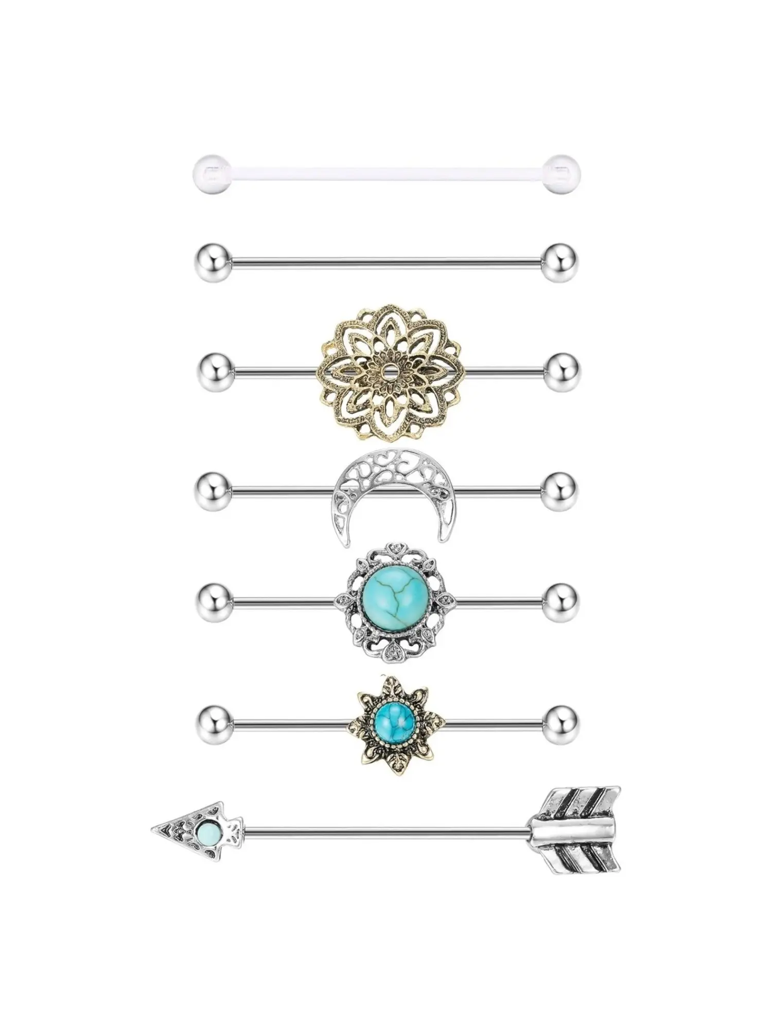 7Pcs 14G Industrial Barbell Earring Cartilage Piercing Moveable Center Piece Surgical Steel Turquoise Industrial Piercing Jewelry, Chic Body Jewelry, High Quality Earrings
