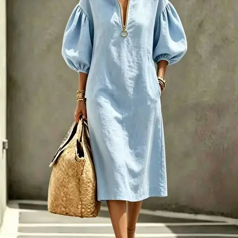 Women's Loose Dress, Stand Collar, Half Zip Bubble Sleeve, Tummy-Hiding Casual Midi Dress, Comfortable and Fashionable