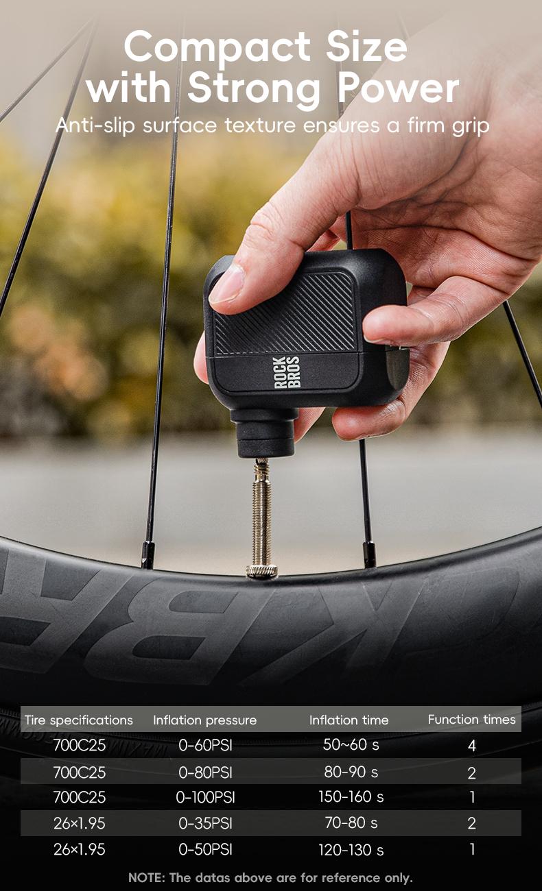ROCKBROS Bicycle Tiny Electric Air Pump Lightweight 100Psi MTB Road Bike Air Pump Portable AV/FV Inflator Pump For Emergency Outdoor Cycling Bicycle Accessories