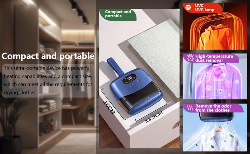 Portable Dryer Mini Dryer Features an adjustable timer and wrinkle-free heating function to quickly dry large quantities of clothes and shoes. Ideal for home, apartment, business trips, and travel use.