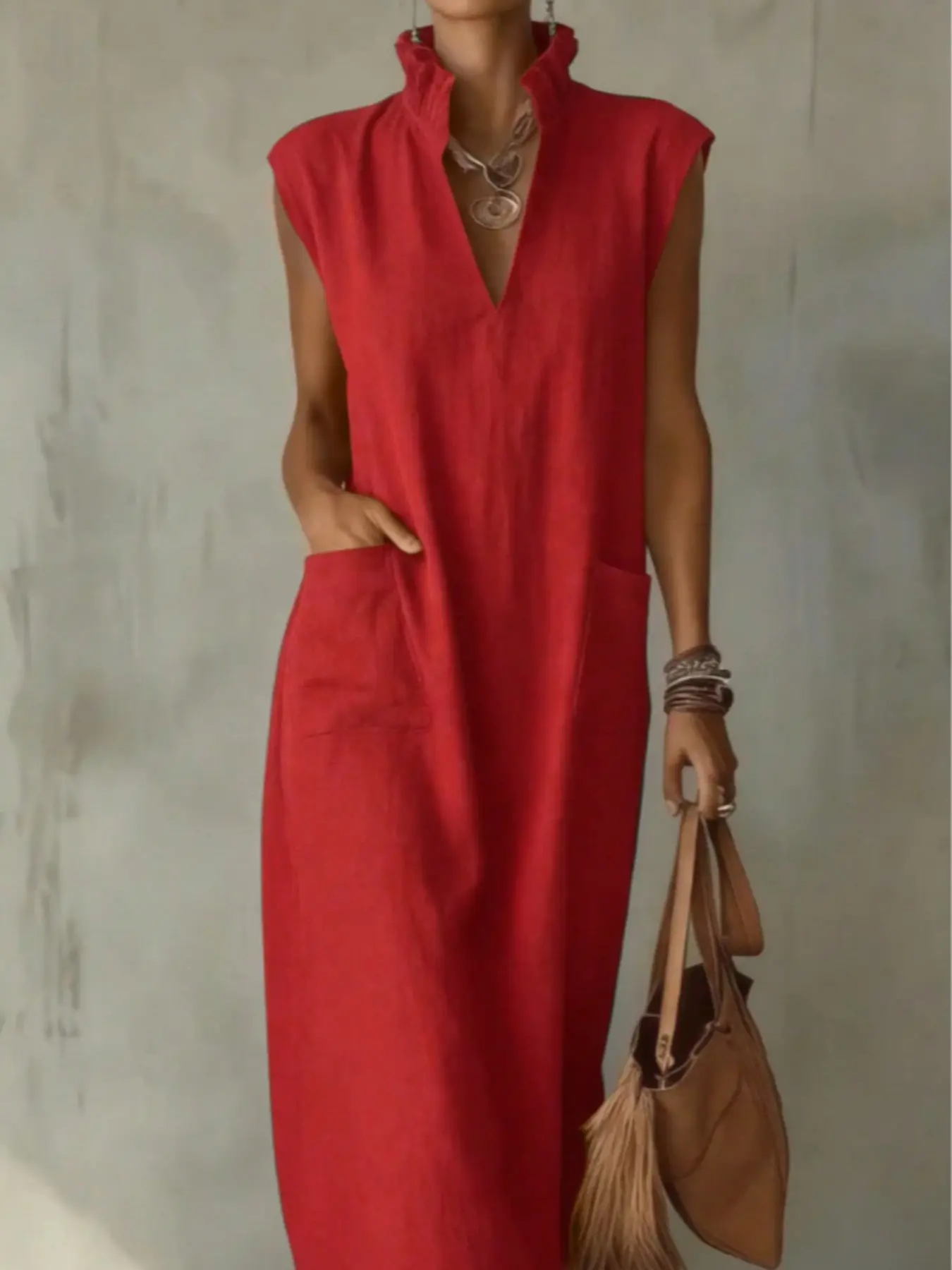 New Women's Bohemian Style Dress, Slimming Elegant Casual Long Dress, V Neck Sleeveless with Pockets, Flowy Ruffle Hem, Summer 10652