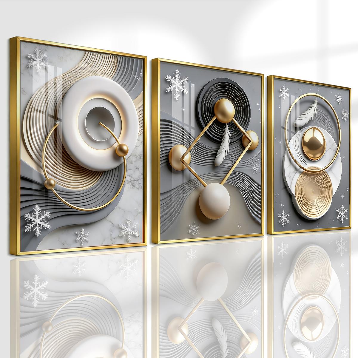 3 Counts Aluminum Alloy Framed Painting, Abstract Geometric Gold Feather Art Pictures, Home Decoration For Living Room, Bedroom, Office, Restaurant, Hallway Wall Decor, Odorless Print Artwork, Luxury Perfect Gift For Friends And Family