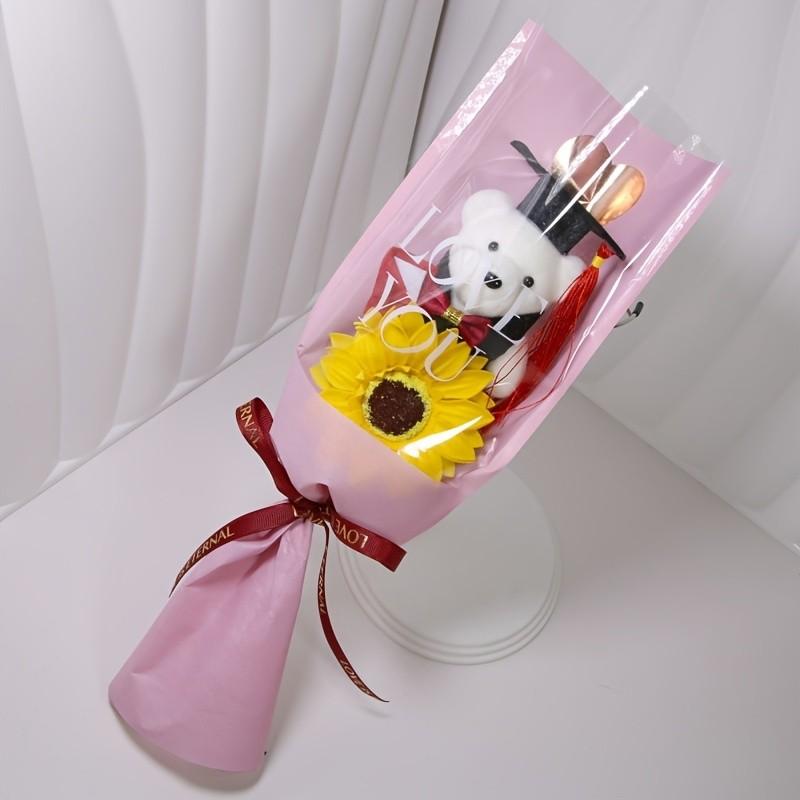 1pc of Bear Wearing a Graduation Cap with Golden Heart Wrapping Paper Bouquet, Realistic Sunflower Bouquet, a Gift for Friends, Classmates, Or Girlfriends During Graduation Season Parties