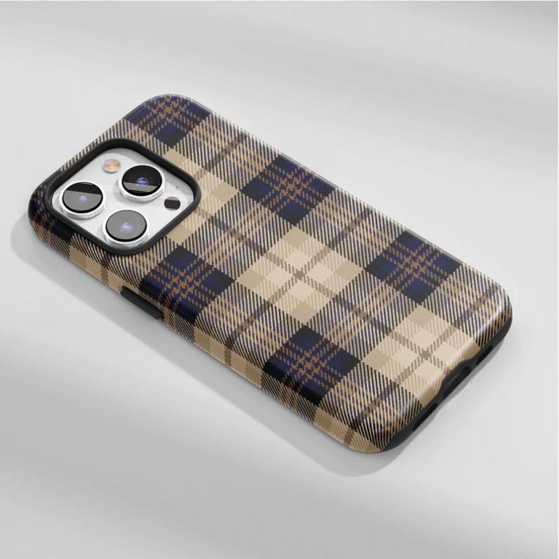 Navy Plaid Phone Case, Classic Tartan Check Cover, Neutral Preppy Aesthetic, iPhone 17 16 15 14 13 12 11 Pro Max, Striped Pattern