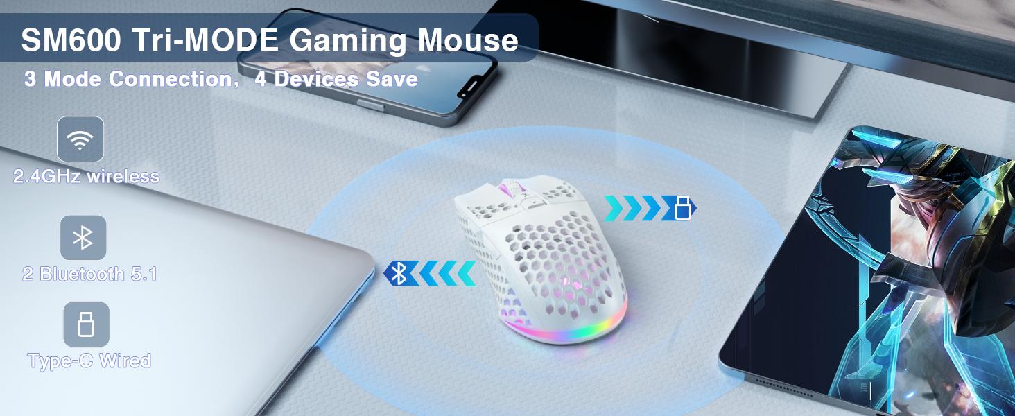 Solakaka SM600 Wireless Esports Gaming Mouse,Tri-Mode Connection 2.4G/BT5.0/USB Wired Mode Switching Gaming Mouse, Compatible with Bluetooth Connection Ergonomic Mouse, RGB Backlit PC Gaming Mouse, Office Desktop Laptop PC Accessories FallFreshness