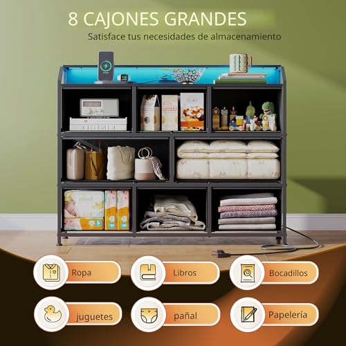 Fabric Drawer Dressing Table with Power Outlets and LED Lights, Multi-Functional TV Cabinet & Storage Cabinet with Built-in Electrical Sockets, Black Fabric Drawers with Metal Frame, Perfect for Bedroom, Living Room & Media Storage