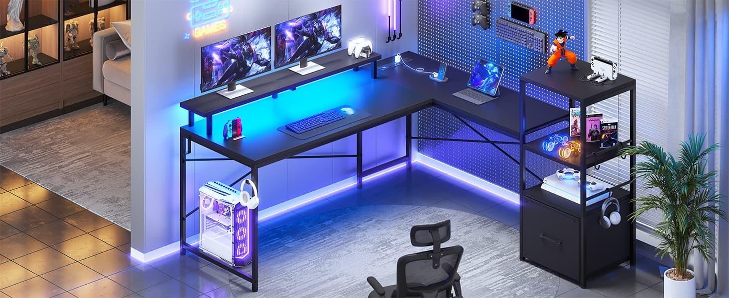 Sikaic 51 Inches Reversible LED Lights L Shaped Gaming Desk With Power Outlets & Fabric File Drawer Monitor Stand And Hooks Computer Modern