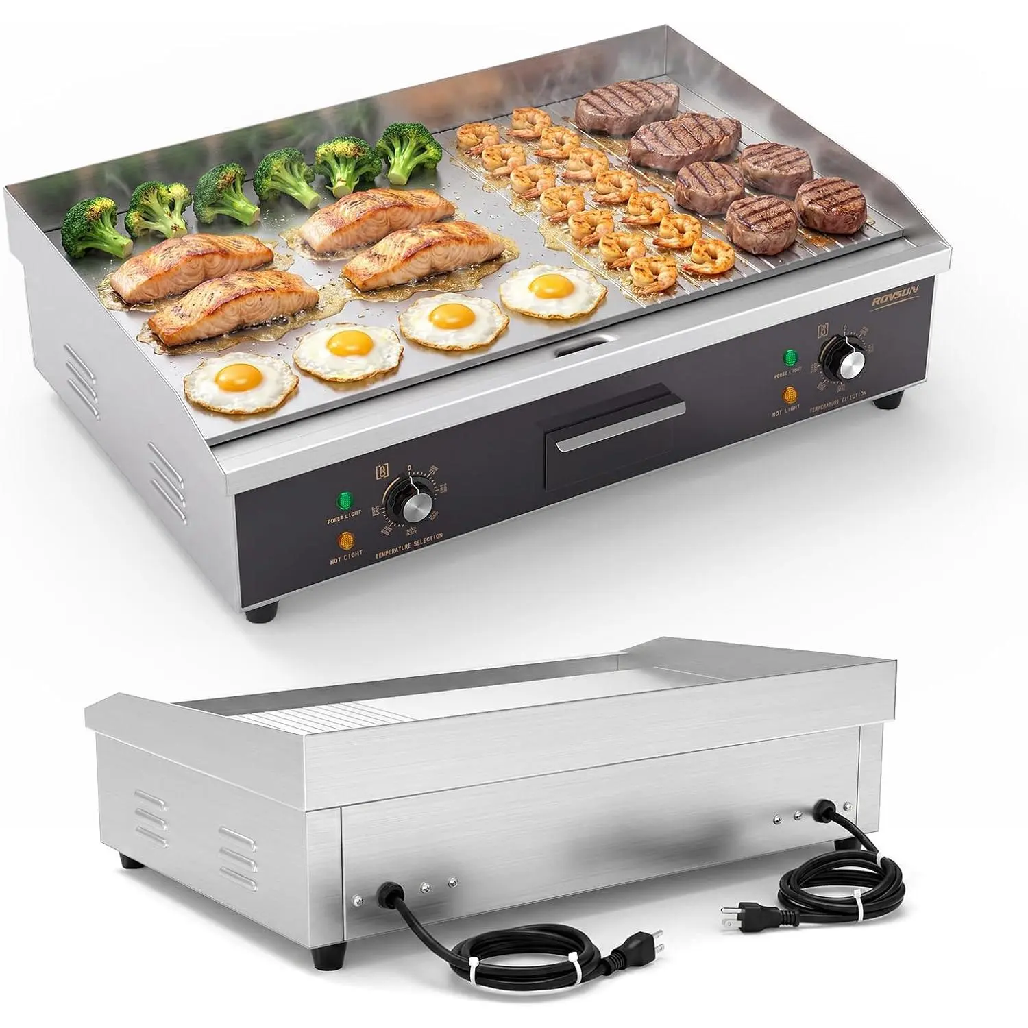 ROVSUN 14/18/22/26/30" Electric Griddle, Electric Countertop with Half Flat Top Griddle, 3000W Grill Stainless Steel with Adjustable Temperature Control 122°F-572°F for Commercial Home Restaurant, Plug