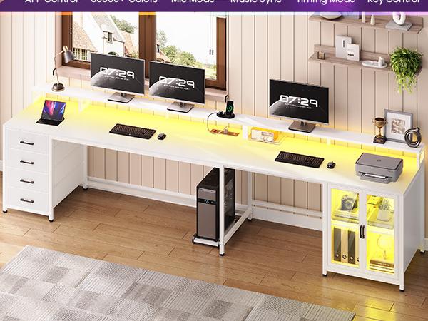 SEDETA 109 Inch L Shaped Gaming Desk with 4 Drawers Display Cabinet Computer Desks with 2 Monitor Stands CPU Stand LED Lights and Power Outlet