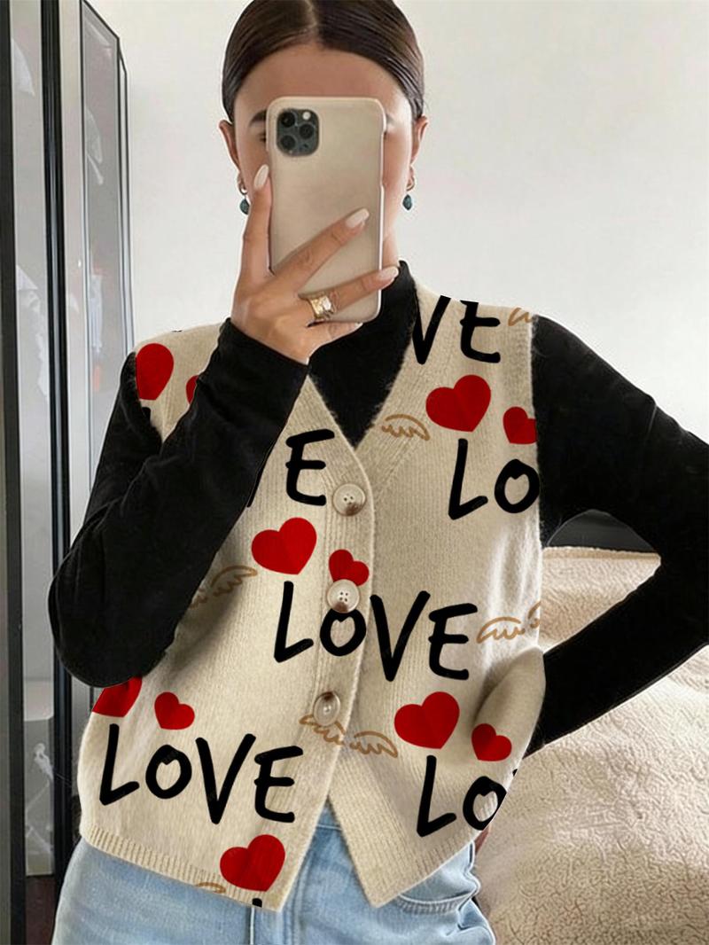 Heart Letter Colorblock Open Front Button Knit Sweater Vest, Casual Sleeveless Cardigan for Spring Summer Fall, Women's Comfortable Warm Clothing