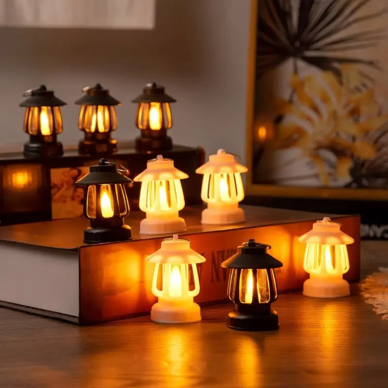 4pcs Retro Kerosene-Style Mini LED Lanterns, Handheld Flameless Candle Lamps for Camping, Christmas Table Ambient Decor