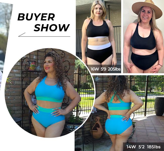 Aqua Eve Plus Size Two Piece High Waisted Bikini Swimsuits Scoop Neck Bikini Set Sporty Bathing Suits