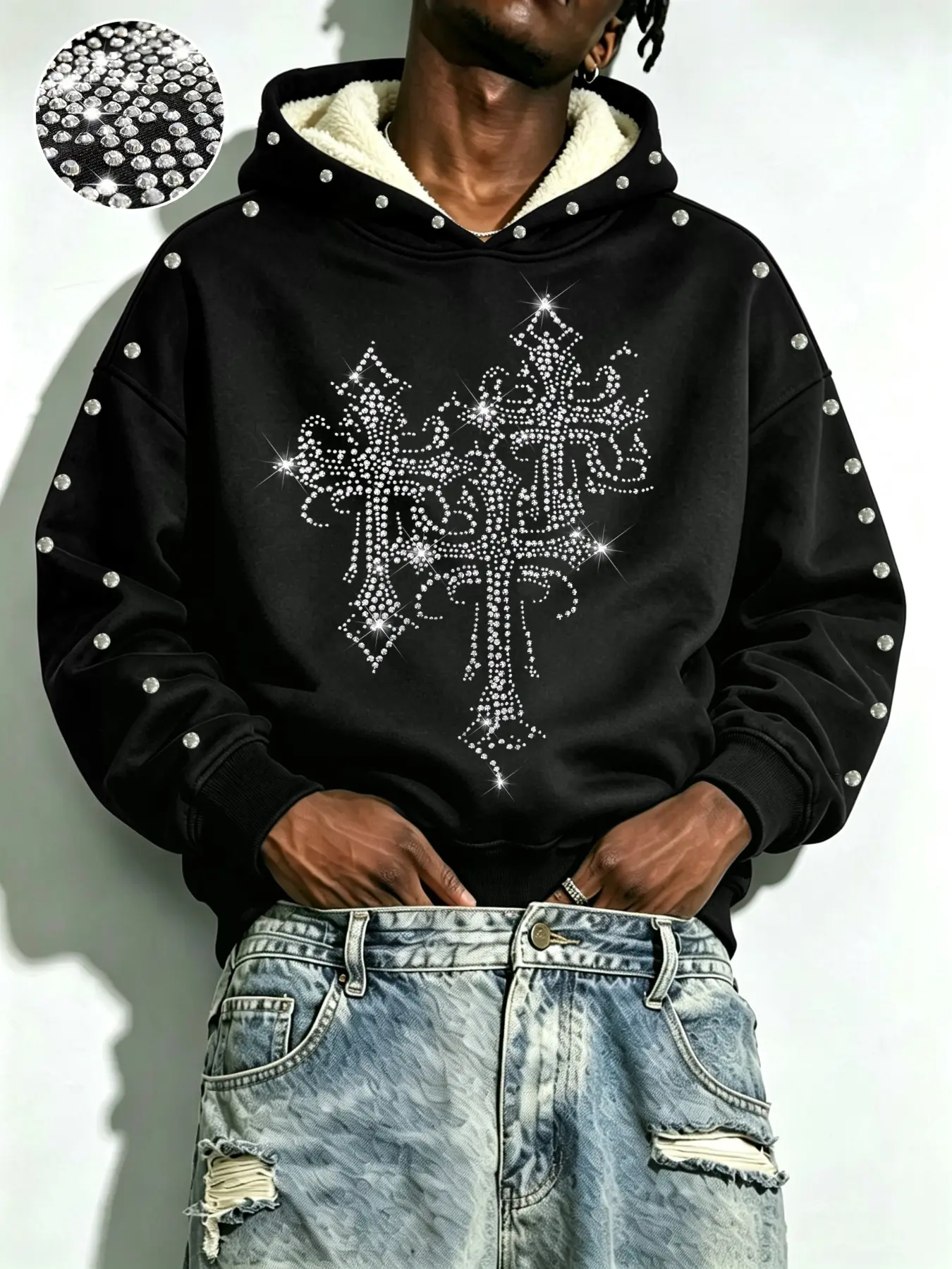 Hooded Sweatshirt, Cross Design with Rhinestones, Silver Color Rivets, Loose Fit, Men's Streetwear for Fall Winter