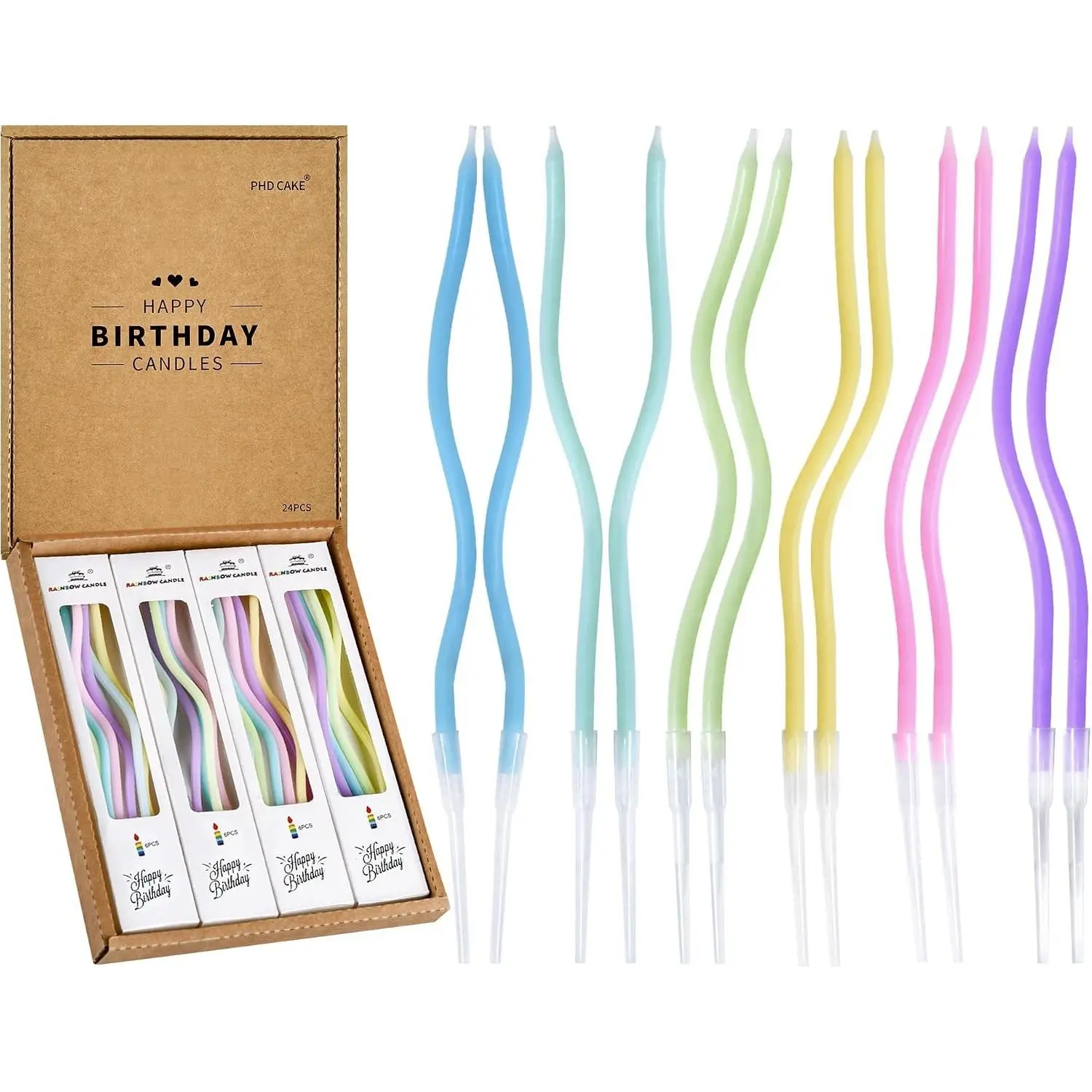 PHD CAKE 24-Count Colorful Pastel Spiral Long Thin Birthday Candles, Cake Candles, Birthday Parties, Wedding Decorations, Party Candles