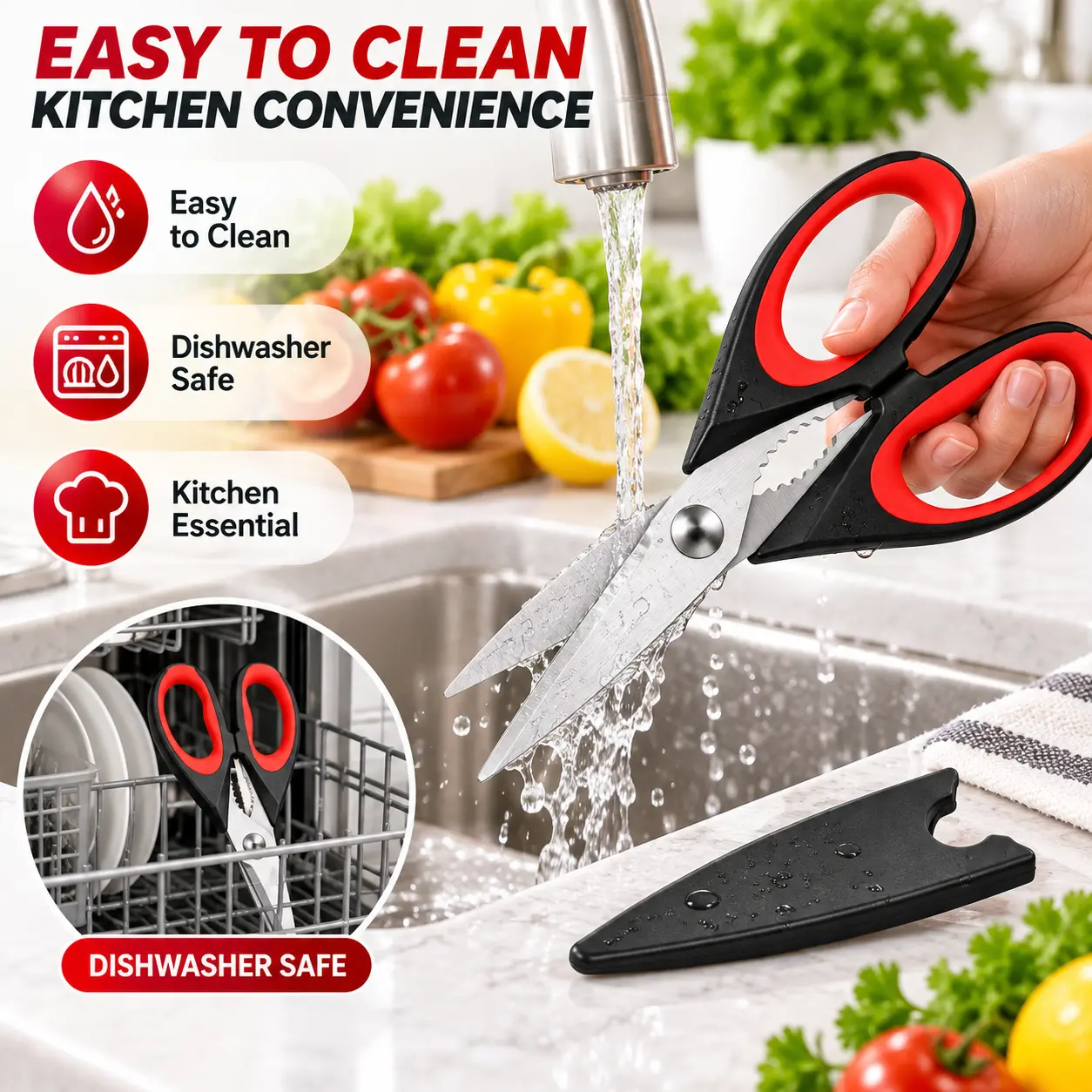 1 Pack Heavy Duty Kitchen Shears, Stainless Steel Poultry Scissors with Spring-Loaded Ergonomic Grip & Protective Sheath, Sharp Meat Scissors for Chicken, Bones, Fish, Herbs & Food Prep, Dishwasher Safe Cooking Tool
