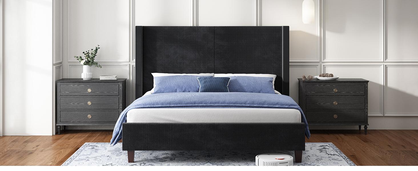 VanAcc Upholstered Platform Bed Frame, Wingback Bed with 50.8" Headboard, Modern Corduroy Design, Solid Wood Leg/No Box Spring Needed, Unique Bedroom Furniture