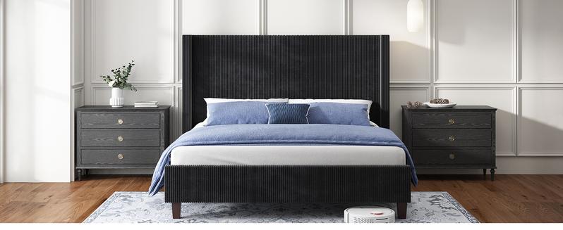VanAcc Upholstered Platform Bed Frame, Wingback Bed with 50.8" Headboard, Modern Corduroy Design, Solid Wood Leg/No Box Spring Needed, Unique Bedroom Furniture