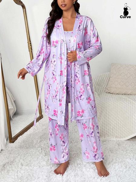【Plus Size】 Floral Print Lounge Robe & Cami Top & Pants Pyjama Set, Casual Comfy Loungewear Set for Women, Women's Sleepwear for Spring & Fall, Soft Pajamas