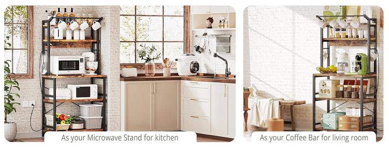 IRONCK Bakers Rack with Power Outlet, Microwave Stand with Storage, Coffee bar with 9 Hooks, 5 Tier Large Storage Capacity and Strong Metal Material for Kitchen, Vintage Brown Easy to Assemble